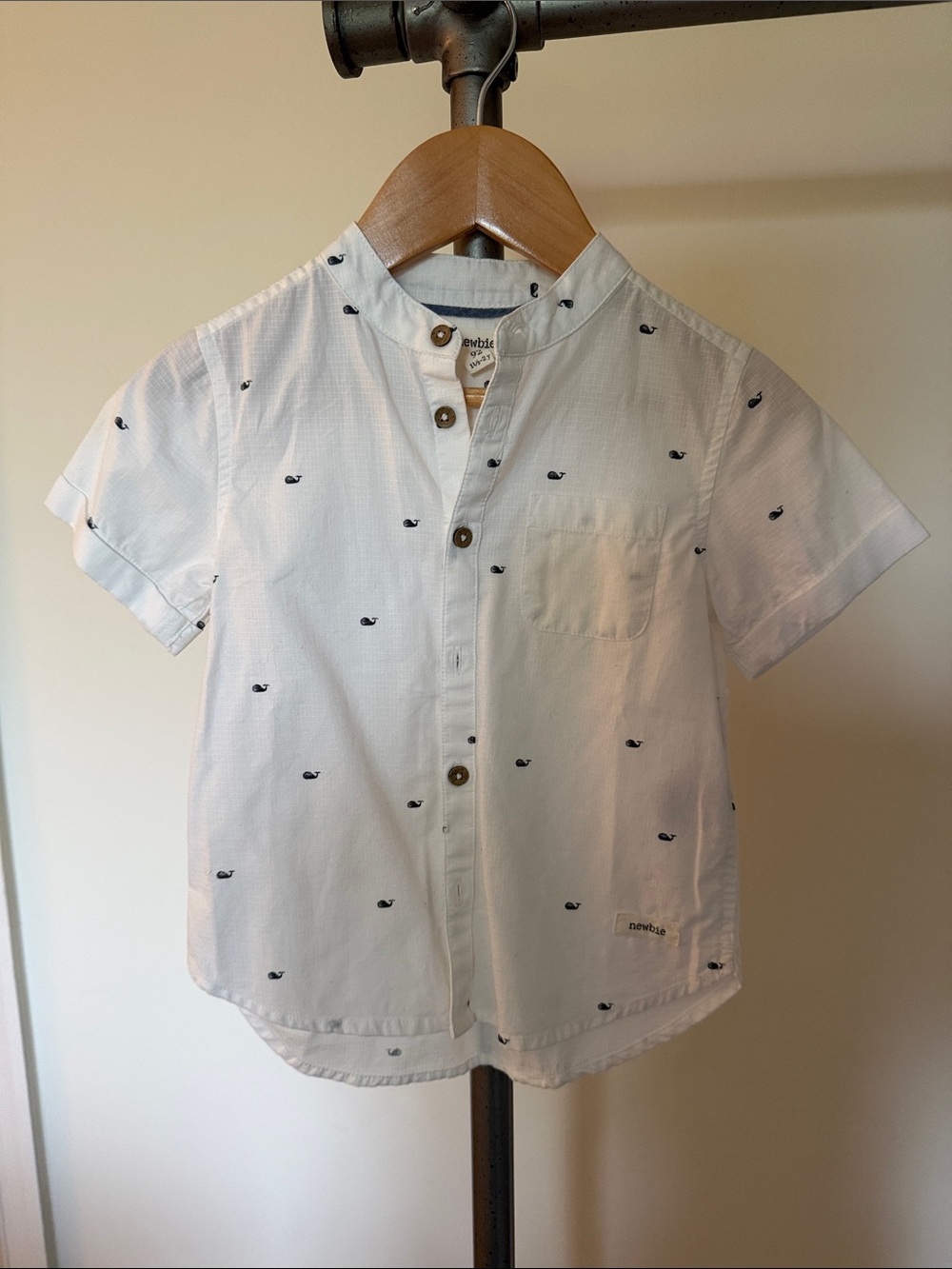 White Short-Sleeve Button-Down Shirt with Navy Whale Print - Kids